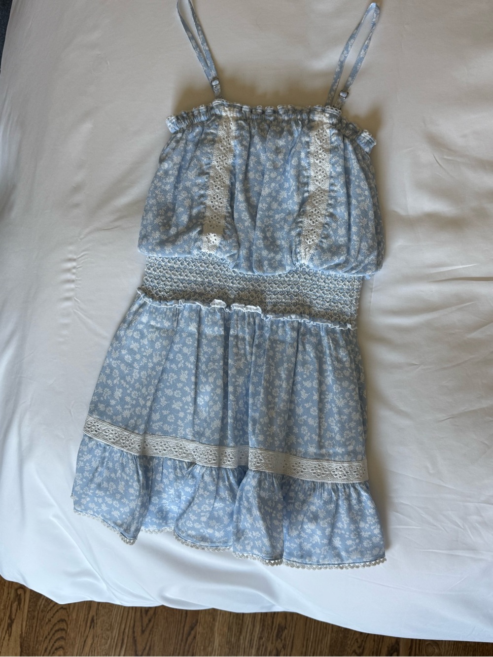 Katie J NYC Light Blue Floral Sundress with White Lace